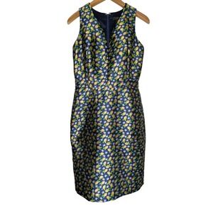 J.Crew Lemon Print Jacquard V-Neck Sheath Dress  Womens Tall 4T‎ Navy Yellow